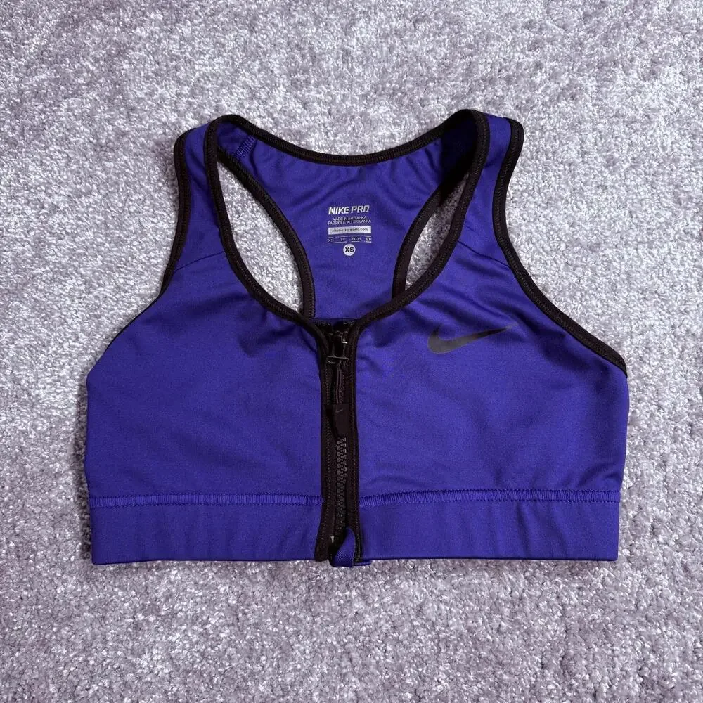 Nike Pro Sports Bra Womens XS Purple Zip Front Racerback Compression Dri-FIT